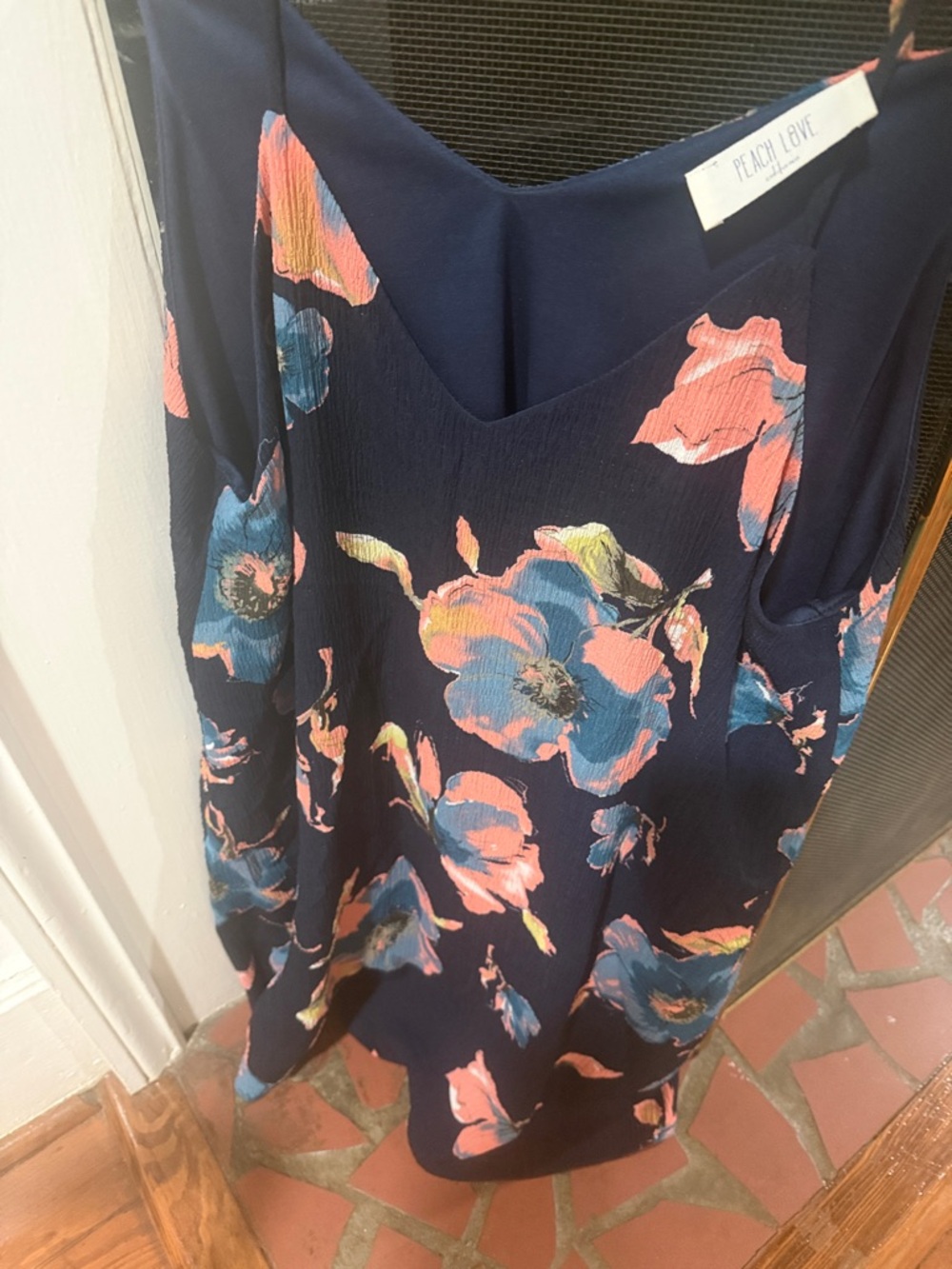 Peach Love California Navy Floral Midi Dress with Coral Accents